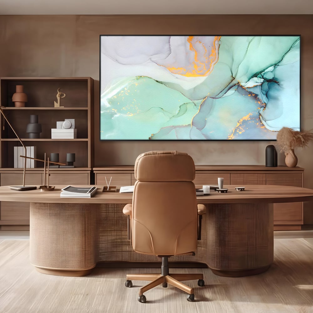 Tablou canvas cu pictura abstracta cu efect de marmura colorata, in rama de aluminiu negru, pe perete intr-un birou